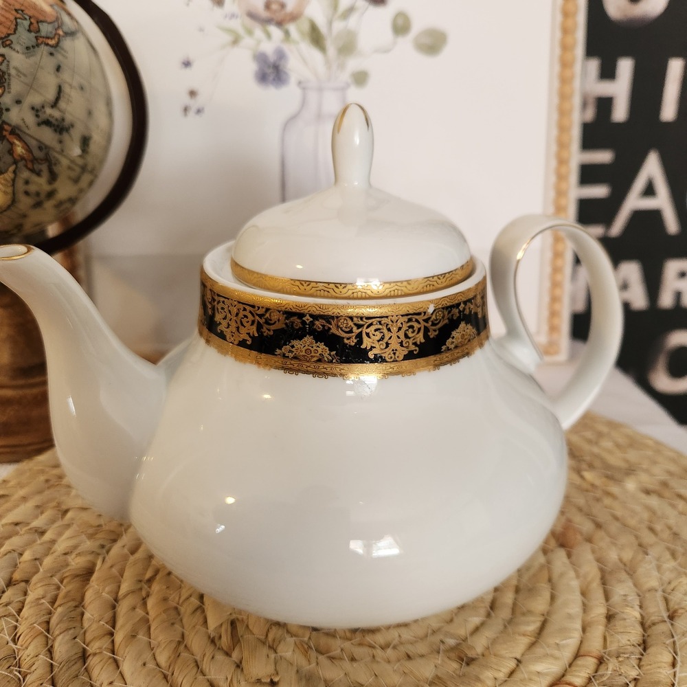 70s Pegasus Fine Porcelain Teapot White Gold Black Floral Trim‎ Elegant Serving